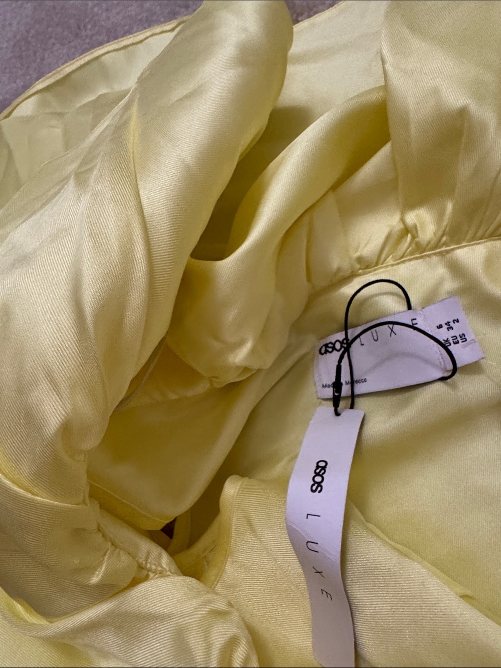 ASOS LUXE satin ruffle off shoulder mini dress in lemon-Yellow - Picture 7 of 7